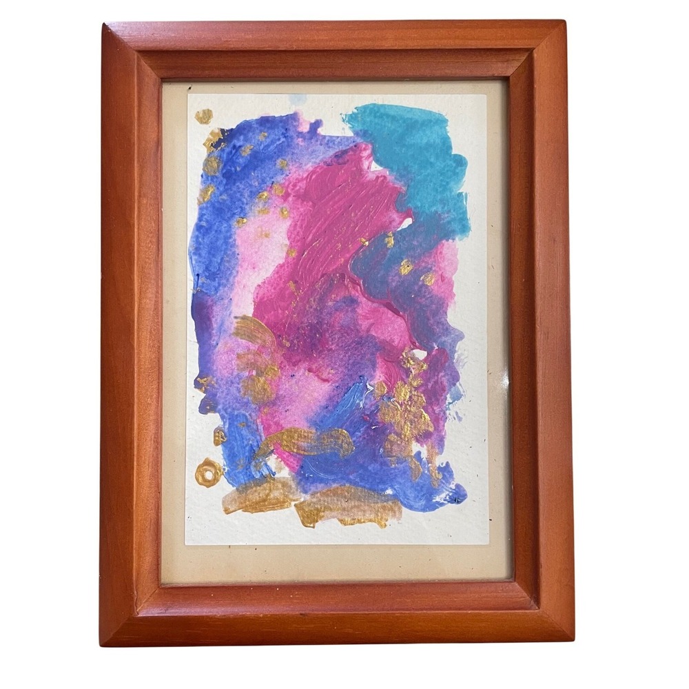 Abstract Mixed Media Framed Painting Pink Blue Gold Textured Art 6x8 Decor